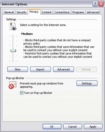 Internet Options - Privacy tab Internet Options - Privacy tab