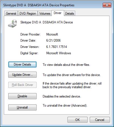 Optical drive's Properties dialog box