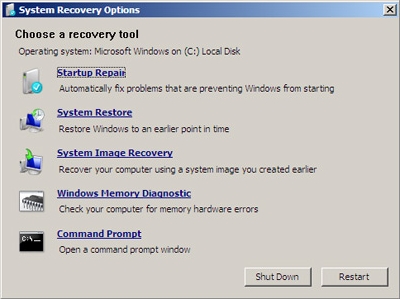 System Recovery Options screen