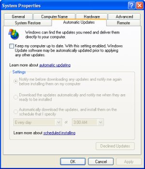 Automatic Updates tab Automatic Updates tab