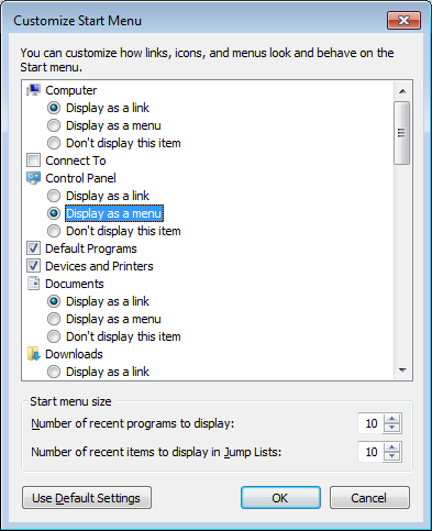Customize Start Menu dialog box