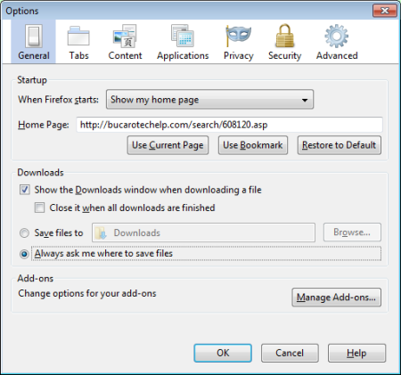 Firefox Options dialog box