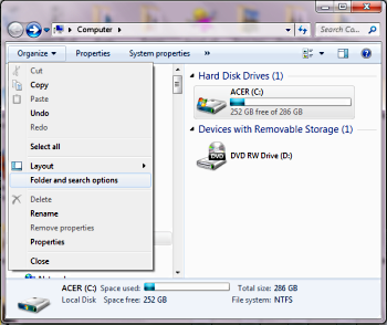 Windows 7 Explorer Organize Menu