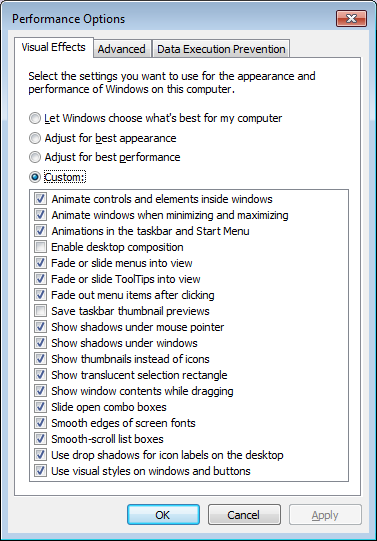 Performance Options dialog box