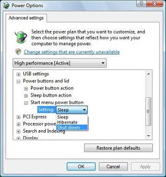 Power Options dialog box
