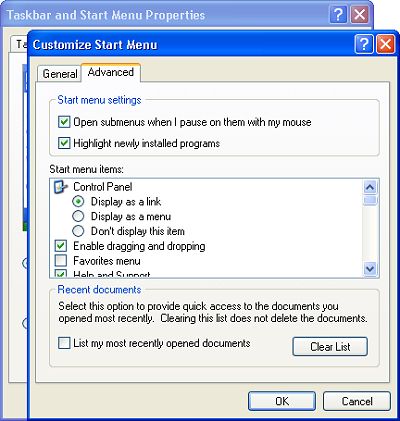 Customize Start Menu dialog box