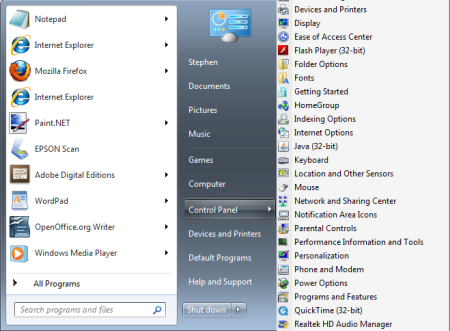 Control Panel utilities as a sub-menu