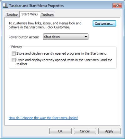 Taskbar and Start Menu Properties dialog box