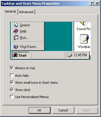 Taskbar & Start Menu settings dialog box