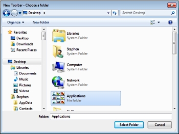 New Toolbar - Choose a folder dialog box